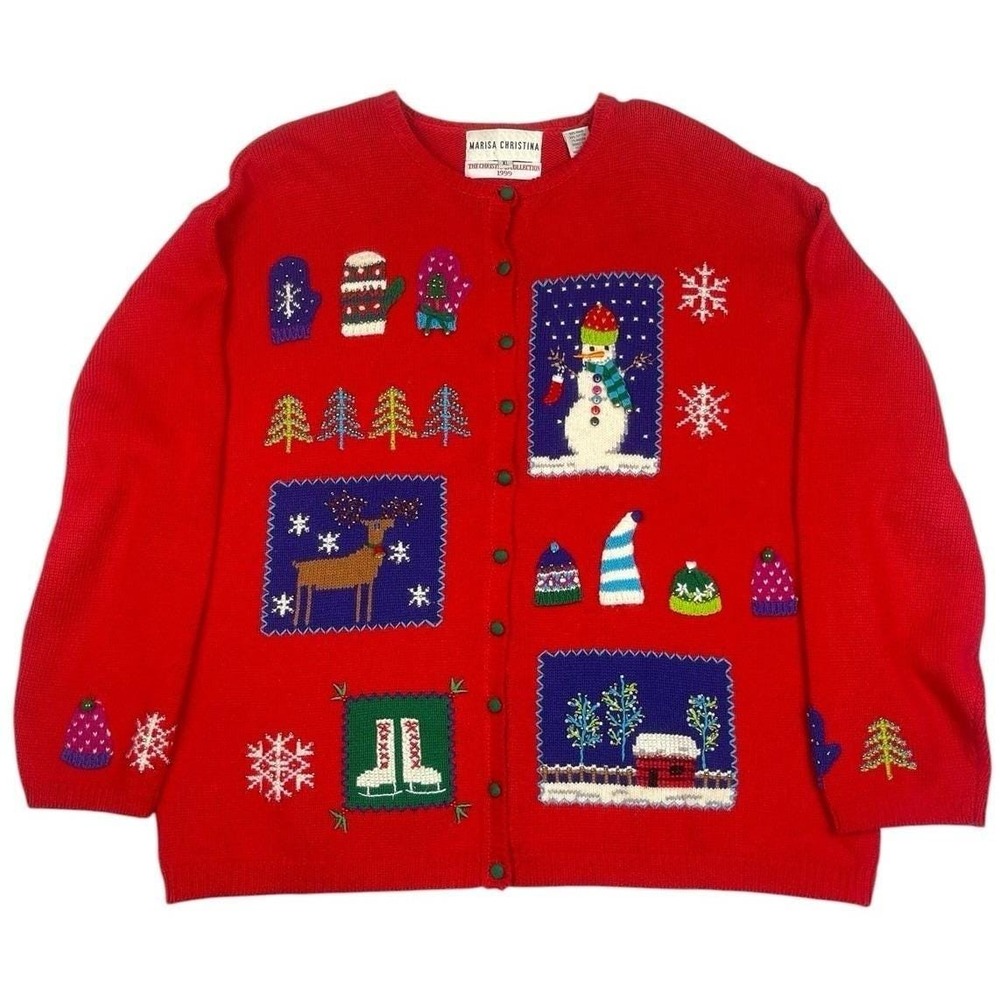 Ugly Christmas Sweater VTG Marisa Christina Cardigan XL Red Snowman SEE VIDEO!